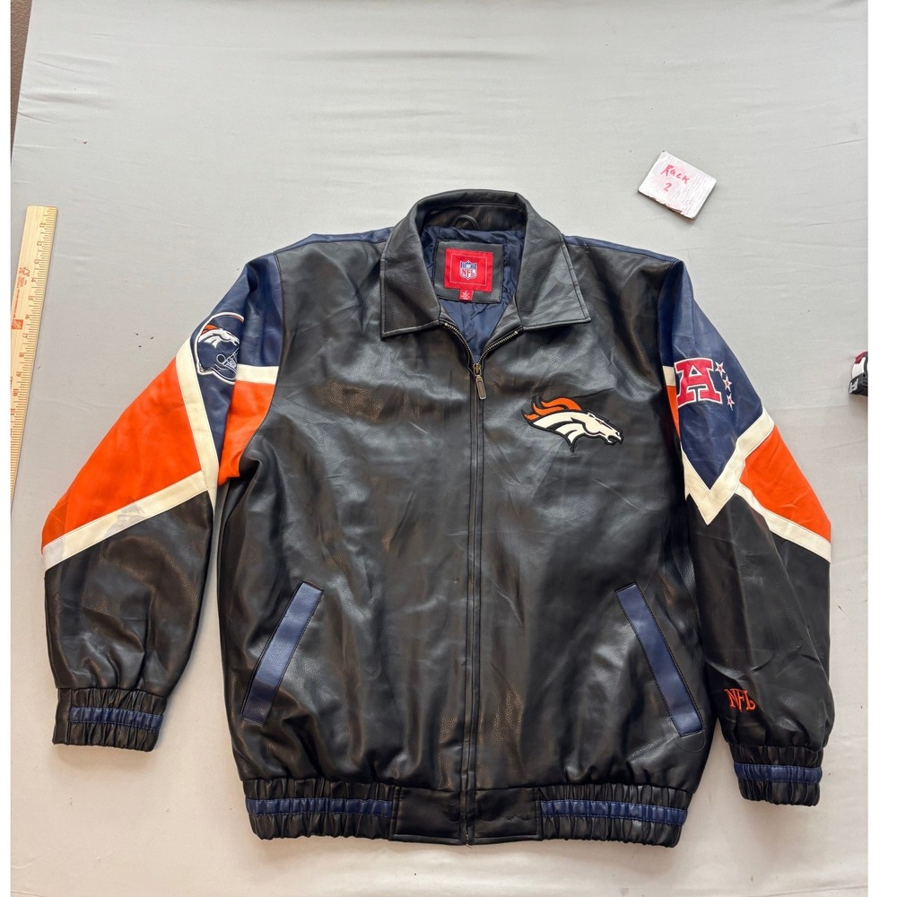 NFL Denver Broncos Vintage Leather Colorblock Varsity Jacket Mens Medium Black